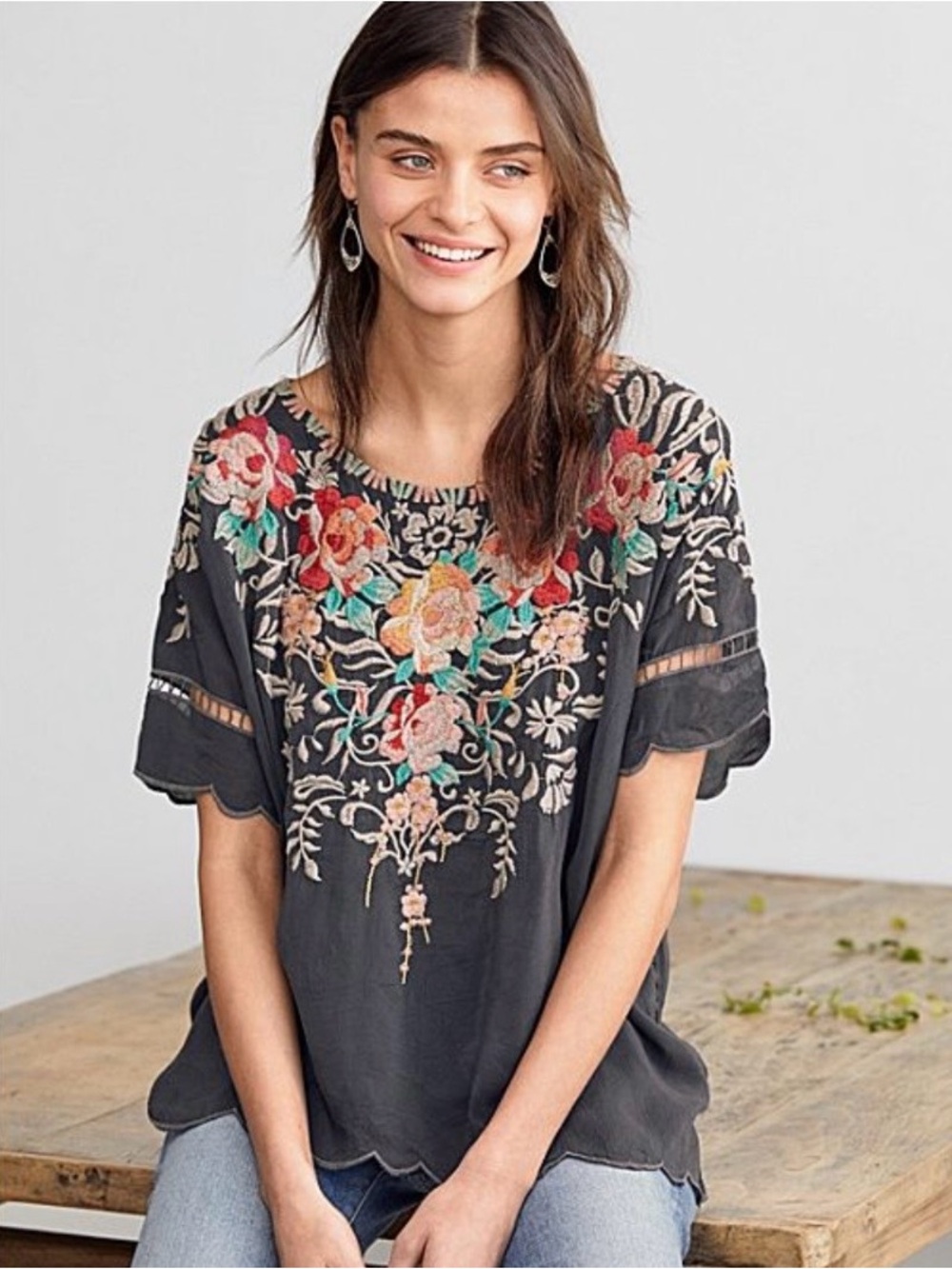 Johnny Was Black Floral Embroidered Tunic